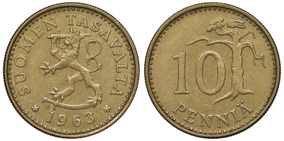 ФИНЛЯНДИЯ 10 ПЕННИ 1963 ПЕРВЫЙ ГОД KM 46 алюминиевая бронза 71-327