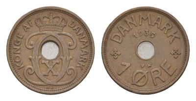 Дания 1 эре 1935 N, Кристиан X (1912-1947) KM 826 бронза 4658-151