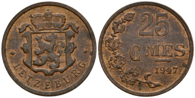Люксембург 25 сантимов 1947 Шарлотта (1918-1964) KM 45 бронза 4532-635