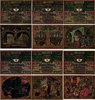ЭРКЕЛЕНЦ, ГЕРМАНИЯ НАБОР ИЗ 6 БАНКНОТ 1921 НОТГЕЛЬД, ЗЕМЛЯ СЕВЕРНЫЙ РЕЙН-ВЕСТФАЛИЯ, 4 Х 50 ПФЕННИГОВ, 2 Х 75 ПФЕННИГОВ ARNOLD KELLER 348.1а бумага 7204-47-1
