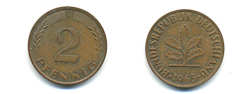 ФРГ 2 ПФЕННИГА 1963 G KM 106, J. 381 бронза 176-668