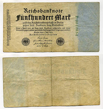 Германия 500 марок 1922 зеленая серия, 7 цифр в номере Pick 74 b бумага 7146-39-2-1