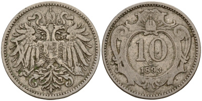 Австрия 10 геллеров 1893 Франц Иосиф I (1848-1916) KM 2802 никель 4154-849