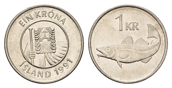 Исландия 1 крона 1991 треска KM 27a сталь плакированная никелем UNC 4691-547