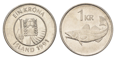 Исландия 1 крона 1991 треска KM 27a сталь плакированная никелем UNC 4691-547