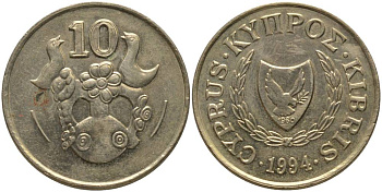 КИПР 10 ЦЕНТОВ 1994 ВАЗА С ПТИЧКАМИ KM 56.3 никель латунь 181-521