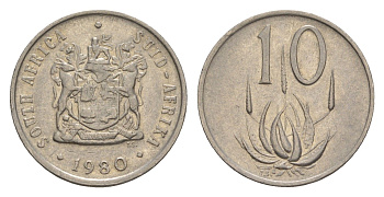 ЮАР 10 центов 1980 герб, цветок алоэ KM 85 никель 4380-131