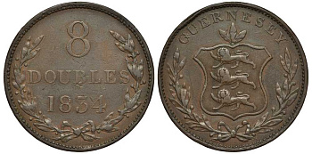 Гернси 8 даблов (дублей) 1834 KM 3 медь 650-633