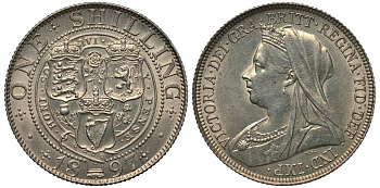 Великобритания 1 шиллинг 1897 Виктория (1837-1901), штемпельный блеск KM 780, Spink 3940А серебро аUNC 1518-743