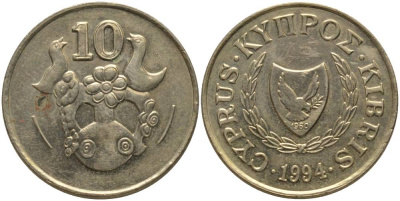 КИПР 10 ЦЕНТОВ 1994 ВАЗА С ПТИЧКАМИ KM 56.3 никель латунь 181-521