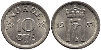 НОРВЕГИЯ 10 ЭРЕ 1957 KM 396 медно-никель 4387-819