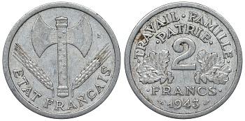 Франция 2 франка 1943 правительство Виши KM 904.1, Le Franc 270.2 алюминий 4123-424