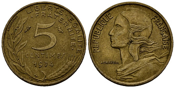 Франция 5 сантимов 1974 KM 933 алюминиевая бронза 4136-745