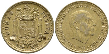 ИСПАНИЯ 1 ПЕСЕТА 1966 (70) ФРАНСИСКО ФРАНКО ДИКТАТОР ИСПАНИИ (1939-1975) KM 796 алюминиевая бронза 110-1213