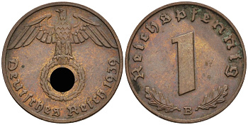 Германия 1 рейхспфенниг 1939 B KM 89, J 361 бронза 4608-632