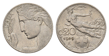 Италия 20 чентезимо 1909 R, Виктор Эммануил III (1900-1946) KM 44 медно-никель 4119-552