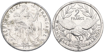 Французская Новая Каледония 2 франка 2012 птица кагу, (IEOM) KM 14, Schoen 11 алюминий    29-734