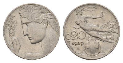 Италия 20 чентезимо 1909 R, Виктор Эммануил III (1900-1946) KM 44 медно-никель 4119-552
