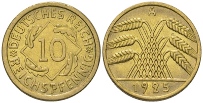 Германия 10 рейхспфеннигов 1925 A KM 39 алюминиевая бронза 4175-344