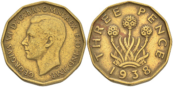 Великобритания 3 пенса 1938 Георг VI (1936-1952) KM 849, Spink 4112 никель-латунь 4556-1046