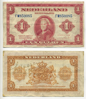 Нидерланды 1 гульден 1943 7 февраля 1943, Вильгельмина, номер радар 850058 Pick 64 бумага 6266-25-1