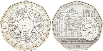 Австрия 5 евро 2005 10 лет вступления Австрии в ЕС, Бетховен, гимн ЕС KM 3120 серебро UNC 01-345-33