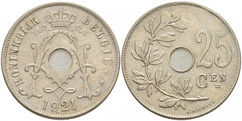БЕЛЬГИЯ 25 САНТИМОВ 1921 BELGIE KM 69 медно-никель 87-1527