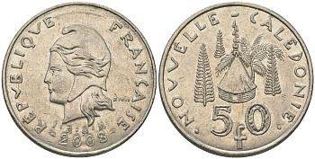 Французская Новая Каледония 50 франков 2008 хижина среди сосен и пальм, (IEOM) KM 13a, Schoen 15a, Lec 128i медно-никель 114-332