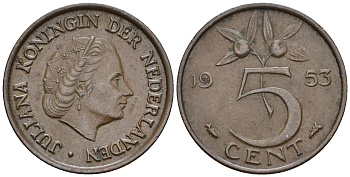Нидерланды 5 центов 1953 Юлиана (1948-1980) KM 181 бронза 259-1056
