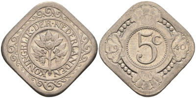 Нидерланды 5 центов 1940 Вильгельмина (1890-1948) KM 153 медно-никель 4586-721