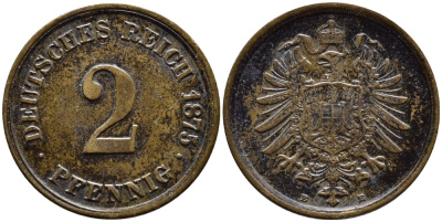 ГЕРМАНИЯ 2 ПФЕННИГА 1875 E, СТАРОГЕРБОВКА KM 2, J.2 медь 72-1222