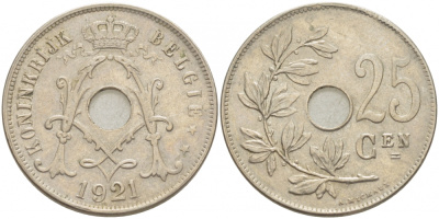 Бельгия 25 сантимов 1921 Belgie, Альберт I (1909-1934) KM 69 медно-никель 87-1527