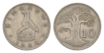 Зимбабве 10 центов 1980 птица-идол, баобаб KM 3 медно-никель 4655-752