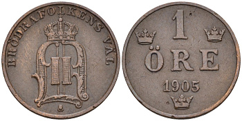 Швеция 1 эре 1905 Оскар II (1872-1907) король Швеции и Норвегии KM 750 бронза 4588-1067