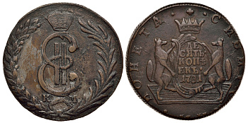 Россия, сибирская монета 10 копеек 1781 KM, Екатерина II (1762-1796) Биткин 1046 R медь 00-818-52