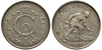 Люксембург 1 франк 1952 Шарлотта (1918-1964), сталевар KM 46.2 медно-никель 4538-922