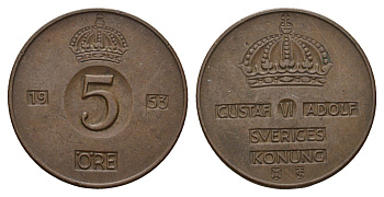Швеция 5 эре 1953 TS, Густав VI Адольф (1950-1973) KM 822 бронза 3336-212