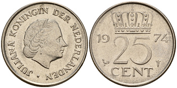 Нидерланды 25 центов 1974 Юлиана (1949-1980) KM 183 никель    4598-513
