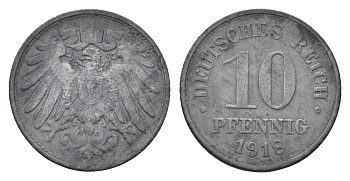 Германия 10 пфеннигов 1918 Вильгельм II (1888-1918) KM 26, J. 299 цинк 4636-1124
