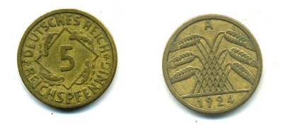 ГЕРМАНИЯ 5 РЕЙХСПФЕННИГОВ 1924 A, KM 39, J. 316 алюминиевая бронза 46-2124