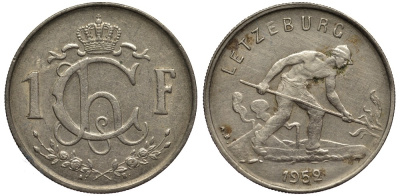 Люксембург 1 франк 1952 Шарлотта (1918-1964), сталевар KM 46.2 медно-никель 4538-922