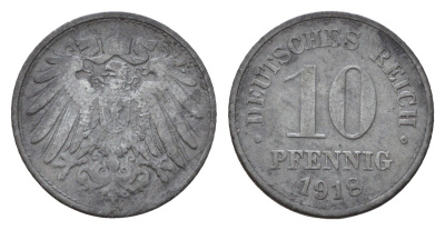 Германия 10 пфеннигов 1918 Вильгельм II (1888-1918) KM 26, J. 299 цинк 4636-1124