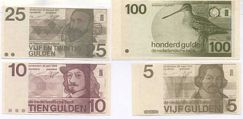 НИДЕРЛАНДЫ НАБОР ИЗ 4 БАНКНОТ ND УМЕНЬШЕННЫЕ КОПИИ БАНКНОТ 10 ГУЛЬДЕНОВ 1968, 5 ГУЛЬДЕНОВ 1973, 25 ГУЛЬДЕНОВ 1971, 100 ГУЛЬДЕНОВ 1977 бумага 8604-14-3-1