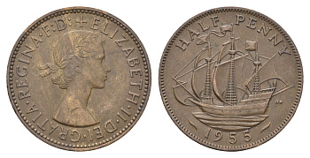 Великобритания 1/2 пенни 1955 Елизавета II (1952-2022) KM 896, Spink 4158 бронза 4662-1133