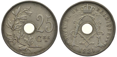 БЕЛЬГИЯ 25 САНТИМОВ 1921 BELGIQUE, АЛЬБЕРТ I (1909-1934) KM 68.1 медно-никель 27-922