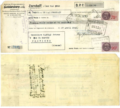 ШВЕЙЦАРИЯ ЧЕК НА 1000 ФРАНКОВ 75 САНТИМОВ 1940 MANUFACTURE ALSACIENNE d'OUTILS ZORNHOFF, ВЫПИСАН AU TRENTE & UN MAI PROCHAIN, 17 АПРЕЛЯ 1940 бумага 6262-24-1-2