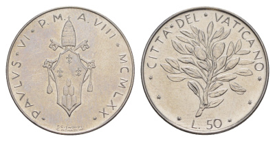 Ватикан 50 лир 1970 MCMLXX, Павел VI KM 121 нержавеющая сталь UNC 4648-123