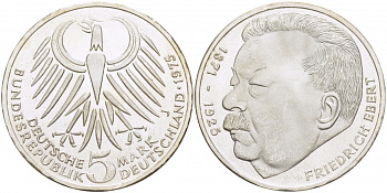 ФРГ 5 марок 1975 J, 50 лет со дня смерти Фридриха Эберта J. 416, KM 141 серебро UNC 3457-342