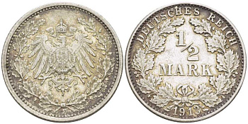 Германия 1/2 марки 1913 F J. 16, KM 17 серебро 175-146