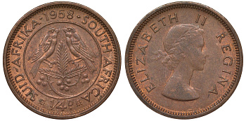 Южная Африка 1/4 пенни (фартинг) 1958 Елизавета II KM 44 бронза 4164-447